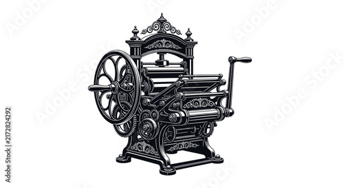 Vintage printing press machine with intricate details with illustration ornate vintage black white illustration press large wheel old technology