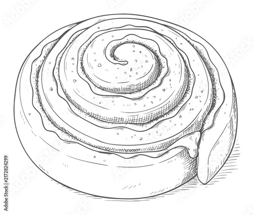 Hand drawn cinnamon roll with icing and sugar sprinkles pastry