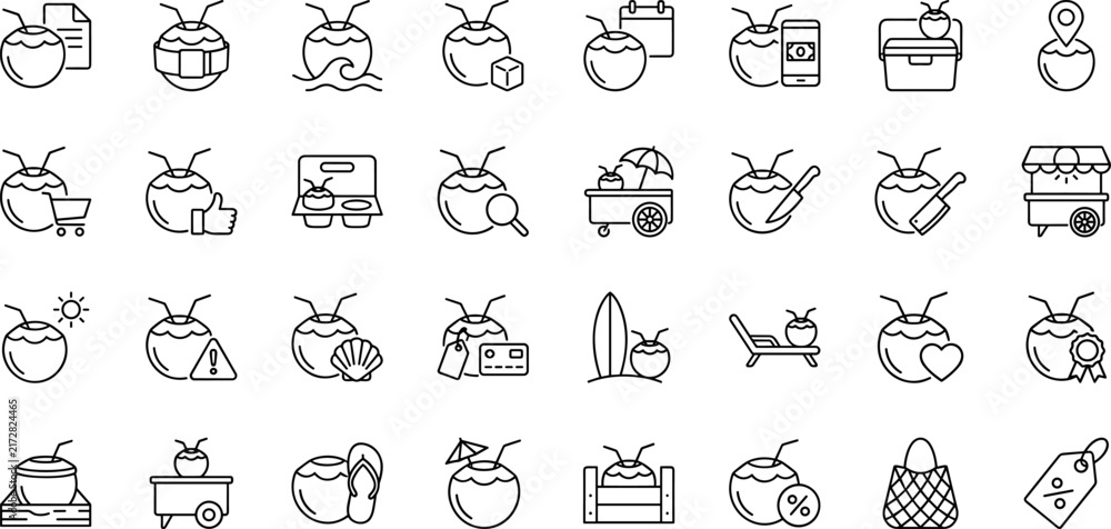 Fototapeta premium Coconut Drink Beach Cart Web Icon Set in Linear Style. Collection of tropical refreshment line icons, including beach kiosk, tropical beverage, summer refreshment, seaside cart, takeaway drink.