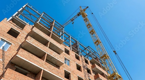 Commercial real estate housing project showing modern balconies and heavy machinery