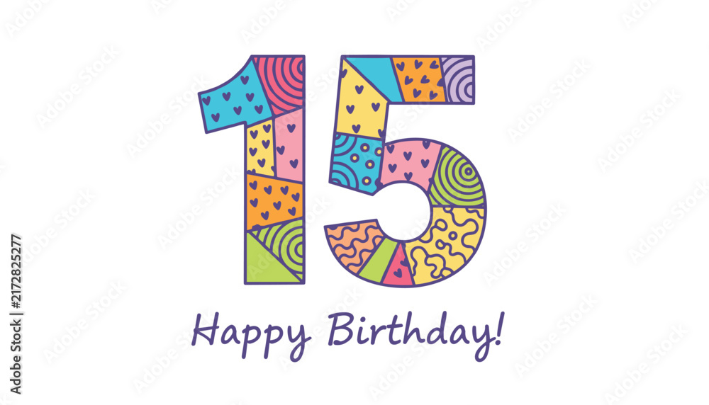 Fototapeta premium Colorful number fifteen with festive patterns and happy birthday text celebrates a special anniversary or age milestone.
