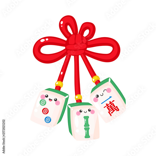 Kawaii Chinese knot with dot, bam, crack mahjong tiles character. Chinese character means symbol for 