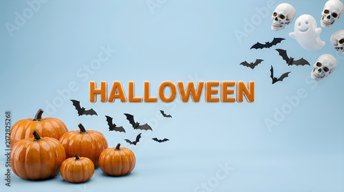 Halloween 3D text with orange pumpkins, spooky skulls and bats on blue background, festive holiday banner for seasonal party