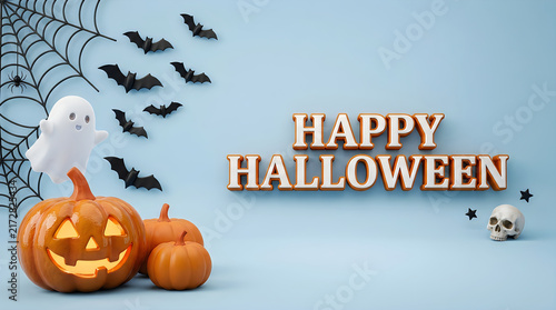 Happy Halloween 3D text on blue background, spooky pumpkins and ghost decorations, festive holiday greeting card with bats and spider web