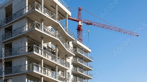Modern residential apartment building under construction with balconies and a red tower crane against a clear blue sky