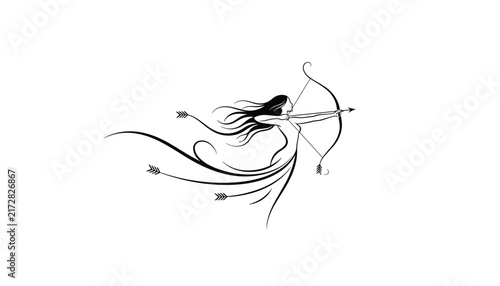 Artistic black and white line drawing of a graceful female archer with long flowing hair aiming her bow and arrow.