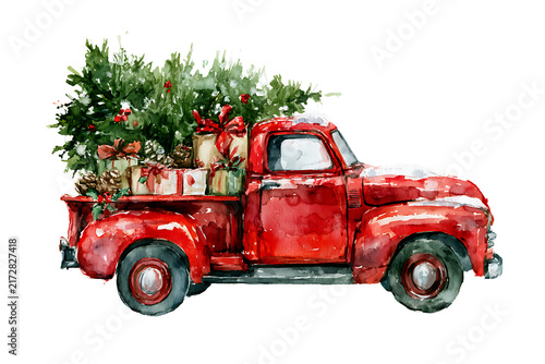 Watercolor illustration of a vintage red truck carrying a christmas tree and gifts isolated on transparent background