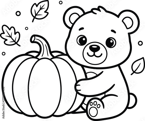Cute cartoon bear sitting next to a large pumpkin surrounded by falling autumn leaves for coloring page