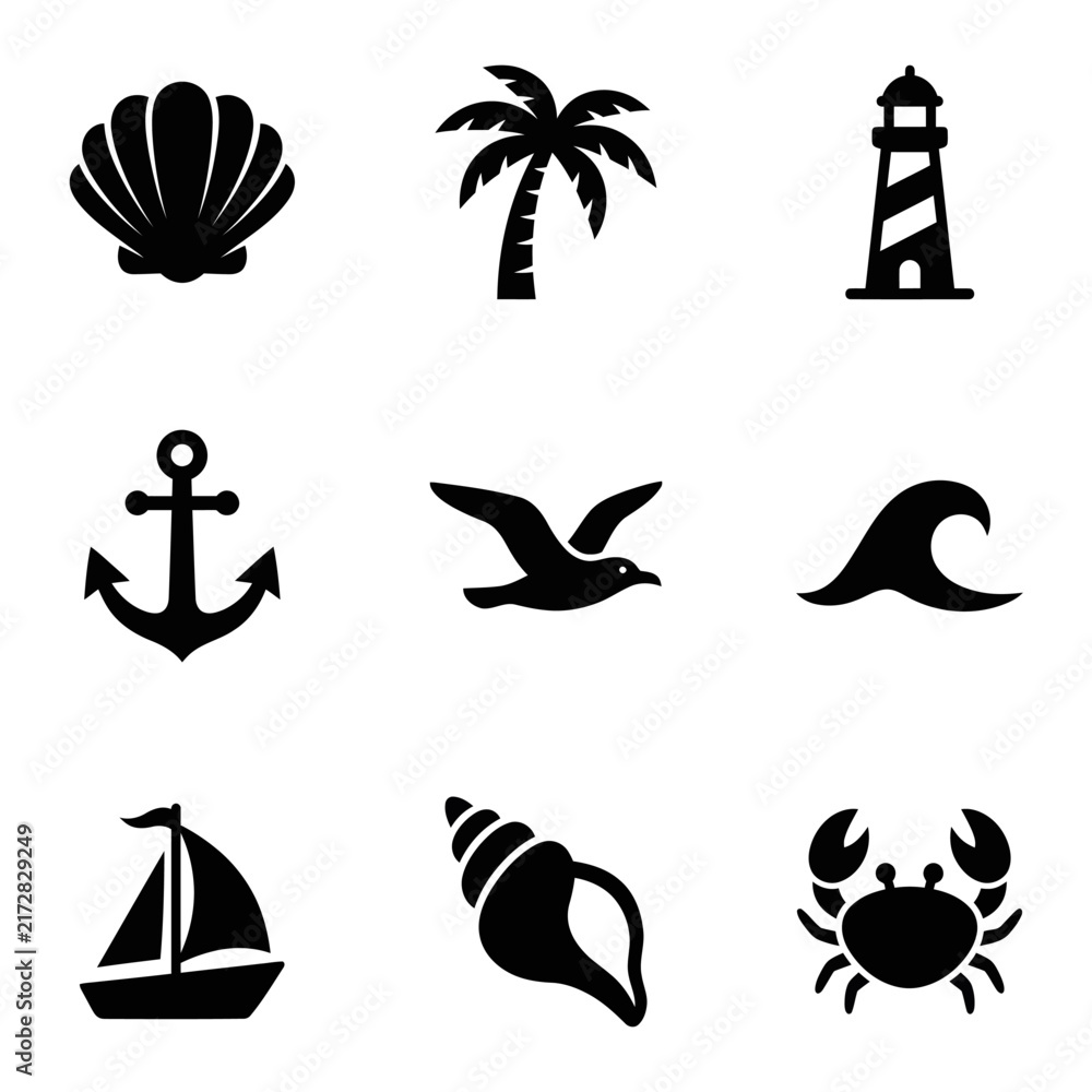 Fototapeta premium Collection of Nautical and Marine Symbols Including Shells Palm Tree Lighthouse and Crab.