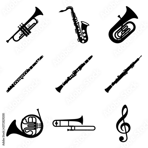 Quadro su tela Collection of Musical Instruments Including Trumpet Clarinet Flute and Saxophone