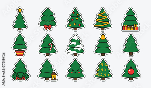 Christmas Tree Sticker Bundle With Festive Evergreen Trees, Ornaments, Candy Cane, Gift Boxes, Holly, Bell, Lantern And Holiday Decorations Vector Collection