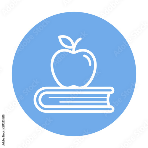 Simple line icon of an apple on a book in a blue circle