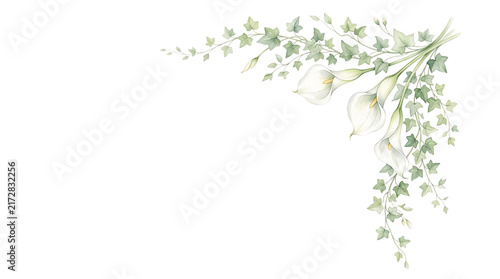 Watercolor white calla lily flower and ivy corner arrangement
