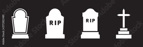 Foto Collection of white tombstone silhouette icons isolated on a dark background
