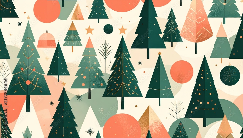 Seamless christmas pattern with abstract pine trees and geometric shapes.