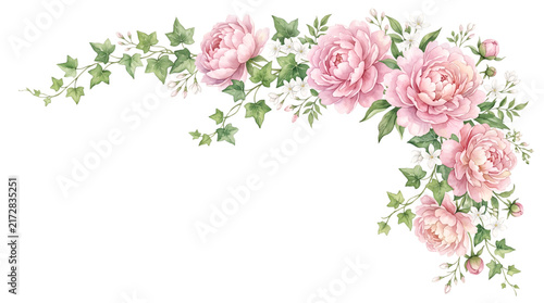 Watercolor pink peony flower and ivy leaf corner arrangement