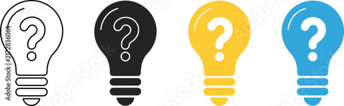 Light bulb question mark icon featuring flat minimal design for ideas, innovation, creativity, questions, and problem solving.