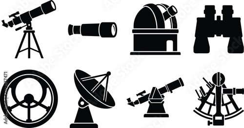 Foto Astronomy and Observation Equipment Silhouette Vector Icons Set for Space Scienc