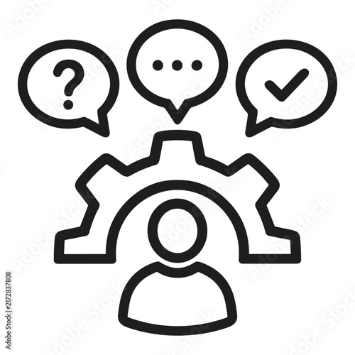 Vector line icon of person with gear and speech bubbles for questions and answers