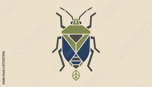 Stylized geometric illustration of a stink bug insect designed with symmetrical shapes and a small green leaf element at the bottom.