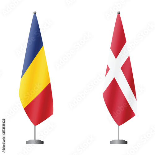 Romania and Denmark flags on flagpoles for official ceremonies and meetings, transparent background vector