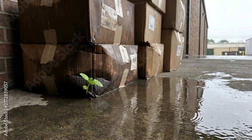 Fotografía Small green plant growing from wet damaged cardboard boxes in an industrial alley