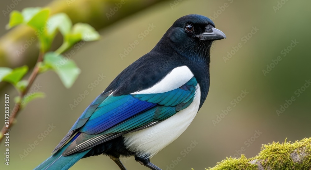 Naklejka premium Eurasian Magpie Perched on Mossy Branch in Forest.