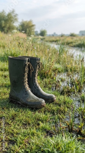 A pair of weathered muddy lace-up rubber boots resting in a lush green marshy meadow