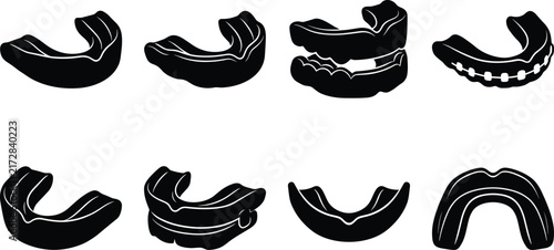 Sports Mouthguard Vector Silhouette Collection Featuring Dental Protection for Boxing Hockey Martial Arts