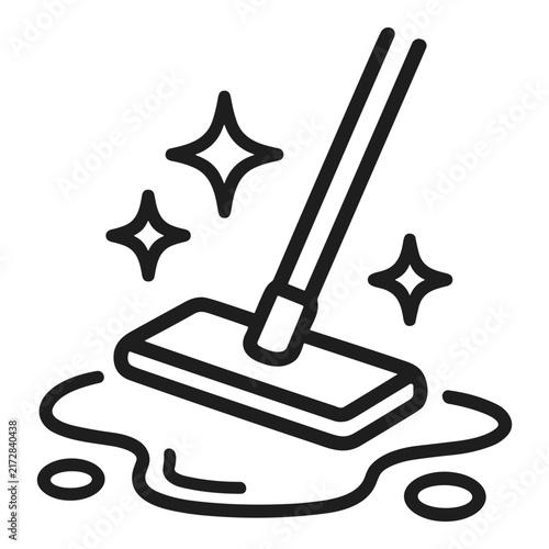Vector line icon of a mop cleaning a spill with sparkles