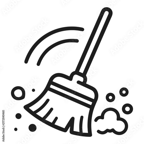 Vector line icon of a broom sweeping dust and dirt