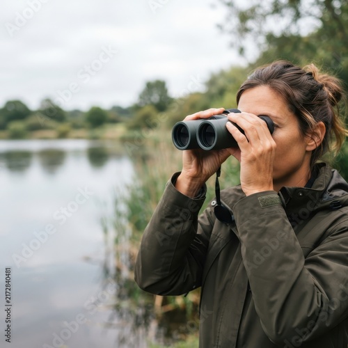 A woman observing nature with binoculars by a serene lakeside