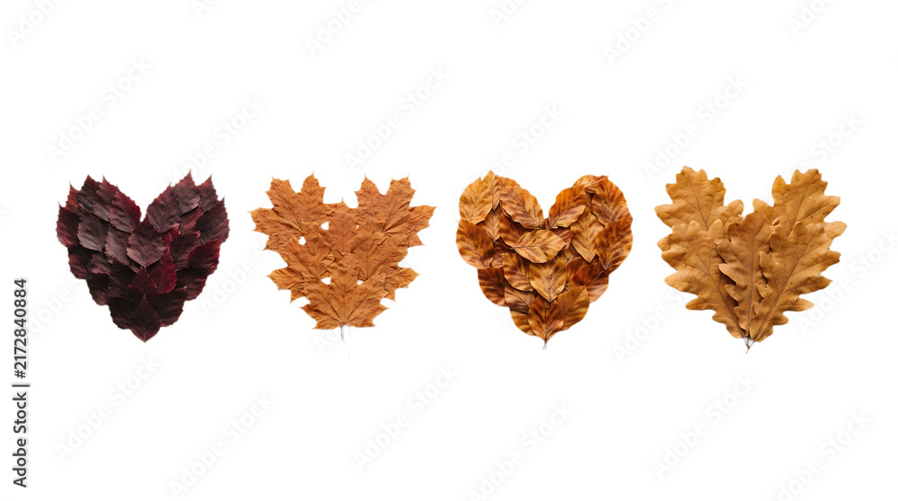 Obraz premium Four heart shapes made of various autumn leaves isolated on transparent background
