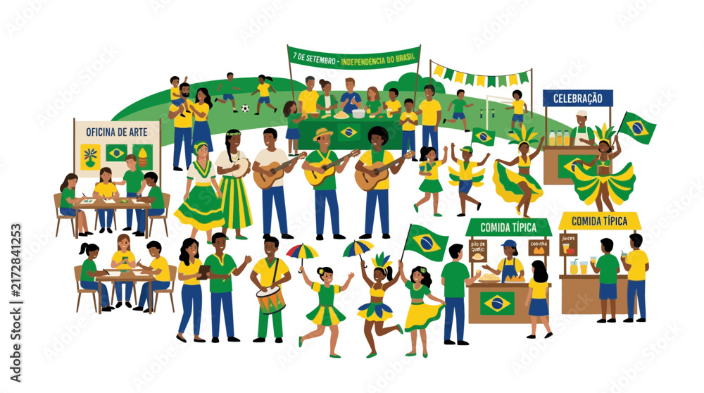 Fototapeta premium Brazilian Festival Celebration: People Enjoying Music, Food, and Activities in Vibrant Colors