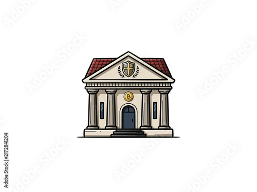 Classical Bank Building Icon With Columns Red Roof Shield Emblem Coin Symbol And Arched Entrance