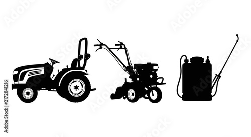 Bild auf Leinwand Silhouettes of gardening equipment on white background with silhouettes tractor