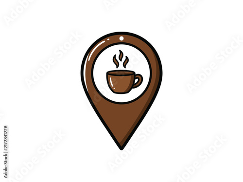 Coffee Cup Map Location Pin Icon In Brown Flat Isolated On White Background