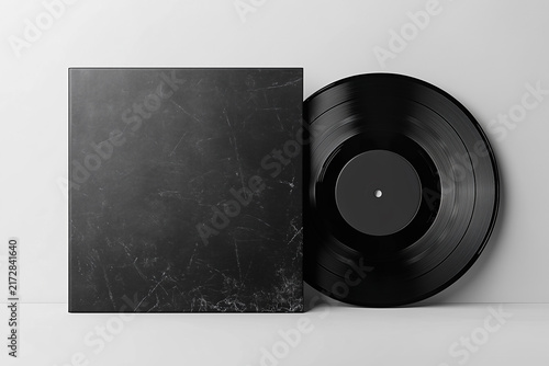 Black vinyl record partially peeking from a blank cover sleeve, presented as a clean mockup for album artwork, music branding, record packaging, and graphic design.