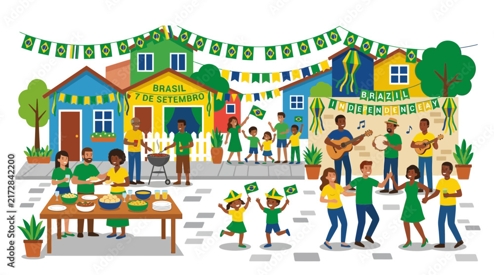 Naklejka premium Brazilian Independence Day Celebration: People dancing, music, BBQ, and colorful houses