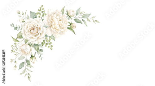 Watercolor white rose and peony corner floral arrangement