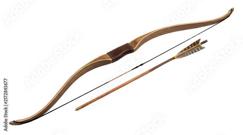 Wooden archery bow with an arrow isolated on white background, perfect for archery, sports, and hunting design, and creative projects, high quality visuals, modern branding needs,