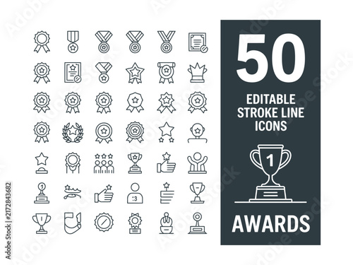 Awards icon set. containing badge, trophy, certificate, and more. Outline Icon Collection. Editable stroke. Vector illustration
