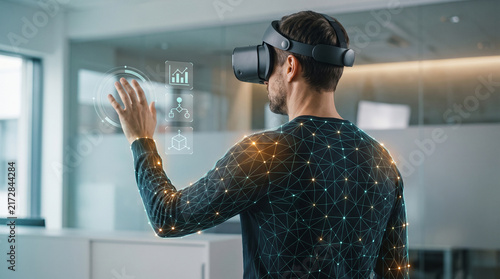 Tapety artystyczne Enterprise metaverse workspace featuring professional using virtual reality headset to interact with holographic data analytics