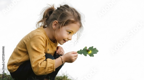 Curious little girl in yellow shirt gently holding an oak leaf with a glowing bug outdoors