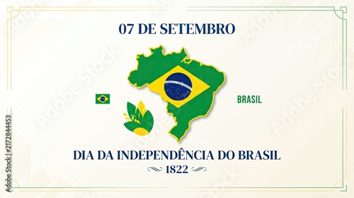 Vintage Brazil Independence Day greeting card design featuring country map outline with flag pattern