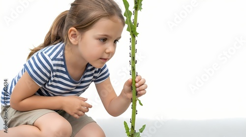 Curious young girl in striped shirt exploring and observing a green plant stem against a white background