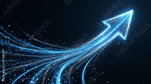 Glowing light streams forming an upward arrow for business growth and success
