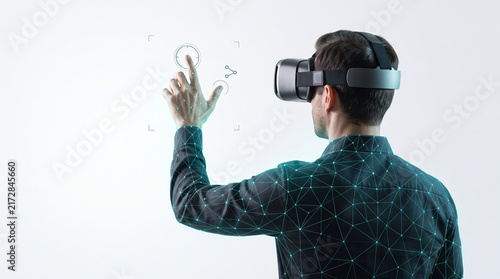 Obraz na płótnie Virtual reality interactive simulation dashboard showing user interacting with futuristic holographic interface elements