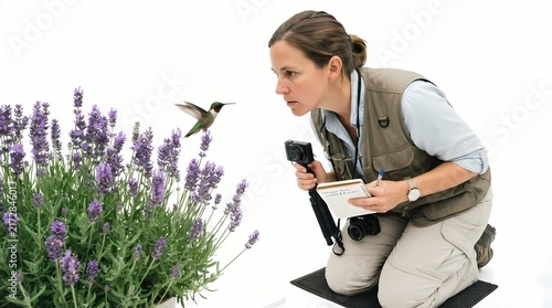 Female Biologist Observing and Documenting Hummingbird Pollination of Lavender Plants in a Professional Scientific Field Research Study Environment