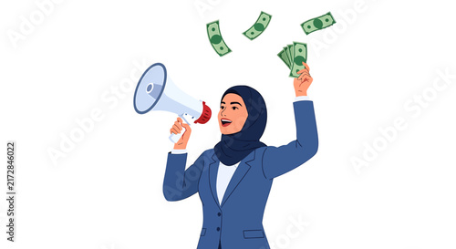 Middle Eastern Executive with Megaphone Throwing Dollars